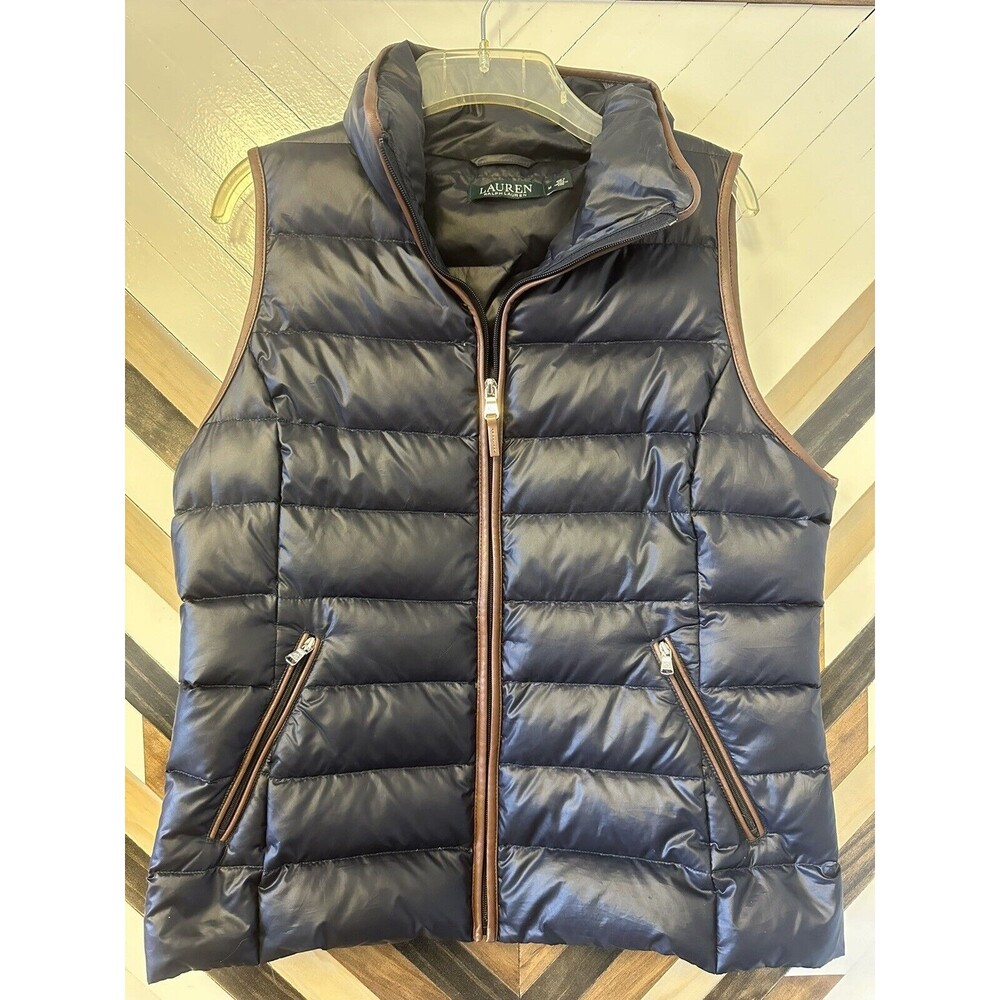 NWT Lauren Ralph Lauren Women’s Puffer Vest Navy Blue Faux Leather Trim Size M